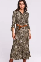 Długa sukienka koszulowa na guziki z kołnierzykiem w panterkę zielona