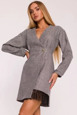 Elegancka sukienka tweedowa trapezowa kopertowa szara