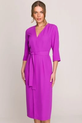 Elegancka sukienka midi z dekoltem V i rozcięciem fuksja