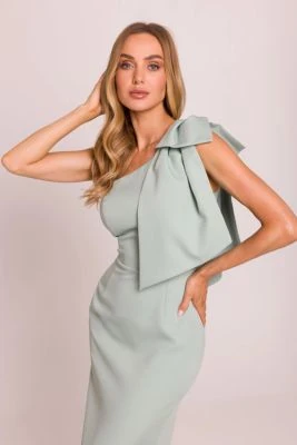 Elegancka sukienka ołówkowa na jedno ramię z kokardą miętowa