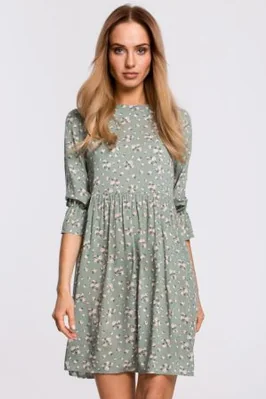 Sukienka boho rozkloszowana mini z wiskozy w kwiaty zielona