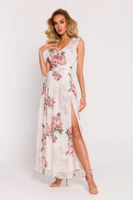 Długa sukienka szyfonowa w kwiaty z rozcięciem na nodze ecru