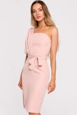 Sukienka koktajlowa na jedno ramię ołówkowa z rozcięciem różowa