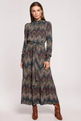 Długa sukienka BOHO z falbankami i długim rękawem zielona