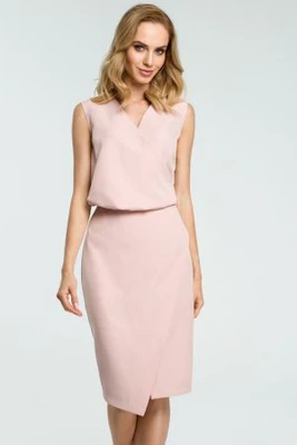 Sukienka elegancka ołówkowa do pracy kopertowy dekolt różowa