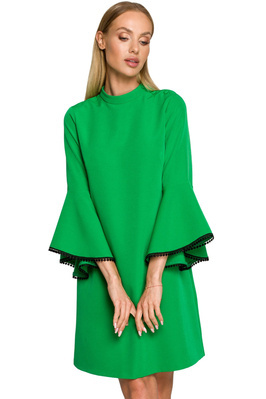 Elegancka sukienka trapezowa z bufiastymi rękawami z falbanami zielona