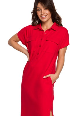 Sukienka koszulowa na lato szmizjerka z kołnierzykiem czerwona bawełna