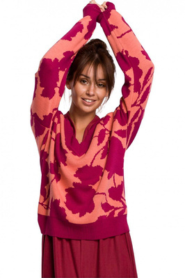  Lekki sweter z dekoltem V i wzorem w kwiaty