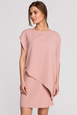 Elegancka sukienka mini z asymetryczną falbaną drapowana różowa