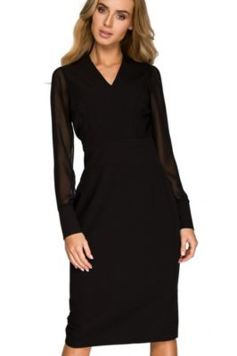 Elegancka sukienka ołówkowa midi dekolt V szyfonowe rękawy czarna