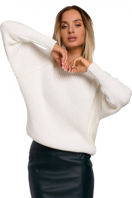 Sweter damski z przędzy ze splotem w prążek reglanowe rękawy kremowy