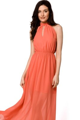 Długa sukienka szyfonowa wieczorowa z dekoltem halter pomarańczowa