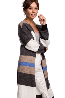 Długi sweter z w paski kolorowy kardigan z wełną bez zapięcia