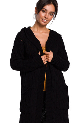 Długi ciepły sweter kardigan z warkoczowym splotem i kieszeniami