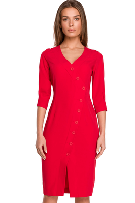 Sukienka ołówkowa kopertowa z dekoltem V i ozdobnymi guzikami czerwona