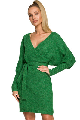 Sukienka sweterkowa kopertowa z dekoltem V i wiązaniem zielona z wełną