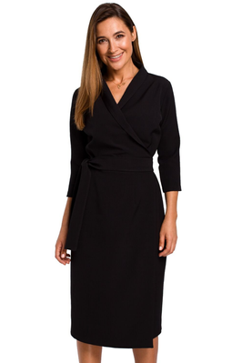 Elegancka sukienka biznesowa kopertowa midi z paskiem w talii czarna
