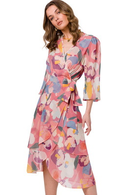 Zwiewna sukienka szyfonowa kopertowa z wiązaniem pastelowa