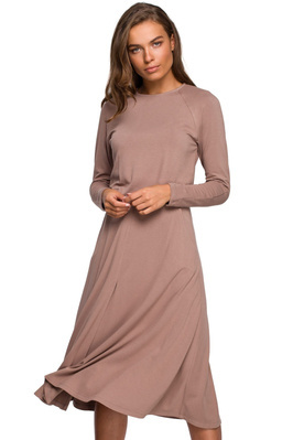 Sukienka rozkloszowana klasyczna z gumą w pasie beżowa wiskoza