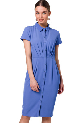 Sukienka koszulowa ołówkowa z kołnierzykiem krótki rękaw niebieska