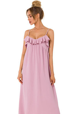 Długa letnia sukienka na cienkich ramiączkach różowa trapezowa