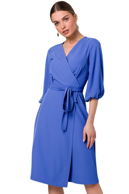 Sukienka elegancka kopertowa z bufiastymi rękawami niebieska