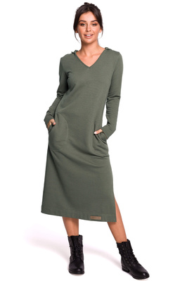 Długa sukienka dresowa z kapturem i dekoltem V bawełniana zielona