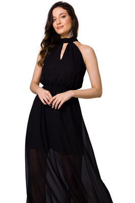 Długa sukienka szyfonowa wieczorowa z dekoltem halter czarna
