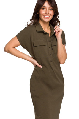 Sukienka koszulowa na lato szmizjerka z kołnierzykiem zielona bawełna