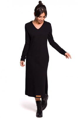 Długa sukienka dresowa z kapturem i dekoltem V bawełniana czarny