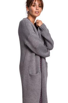 Długi sweter z kieszeniami ciepły kardigan o prostym fasonie szary
