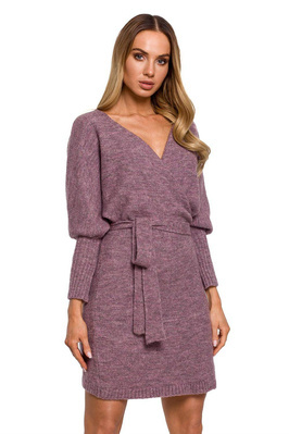 Sweterkowa kopertowa sukienka z wiązaniem fioletowa
