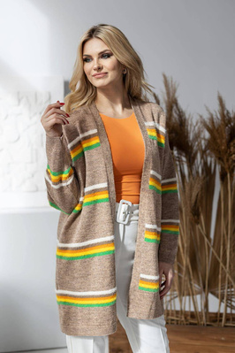 Elegancki sweter kardigan w kolorowe paski cappuccino