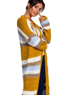 Długi sweter w kolorowe pasy kardigan narzutka z modnym splotem
