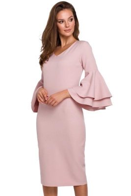 Sukienka na wesele elegancka midi z bufiastymi rękawami pudrowy róż