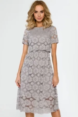 Sukienka na wesele koronkowa lekko rozkloszowana midi szara