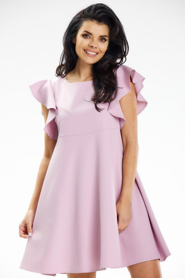 Trapezowa sukienka mini z falbankami na ramionach różowa