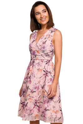 Elegancka sukienka w kwiaty szyfonowa z dekoltem V różowa