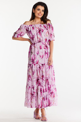 Długa sukienka szyfonowa w kwiaty na lato fiolet