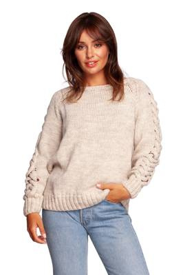 Sweter damski wełniany z warkoczami na rękawach beżowy