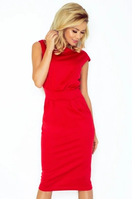 Sukienka ołówkowa midi z pasem taliowana krótki rękaw czerwona