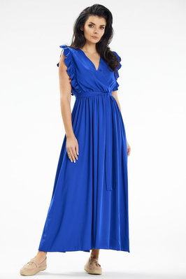 Długa sukienka rozkloszowana z kopertowym dekoltem niebieska