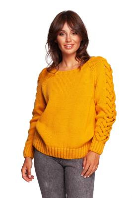 Sweter damski wełniany z warkoczami na rękawach żółty