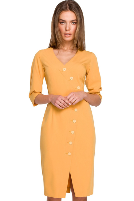 Sukienka ołówkowa kopertowa z dekoltem V i ozdobnymi guzikami żółta