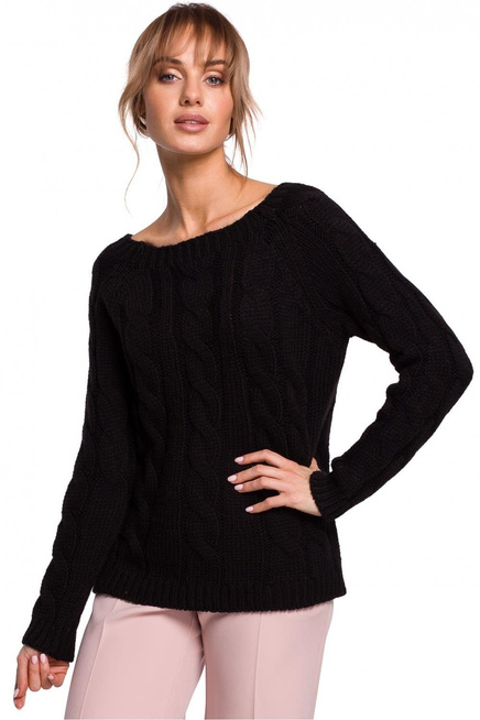Sweter damski ażurowy ze splotem typu warkocz czarny