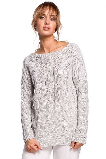 Sweter damski ażurowy ze splotem typu warkocz szary